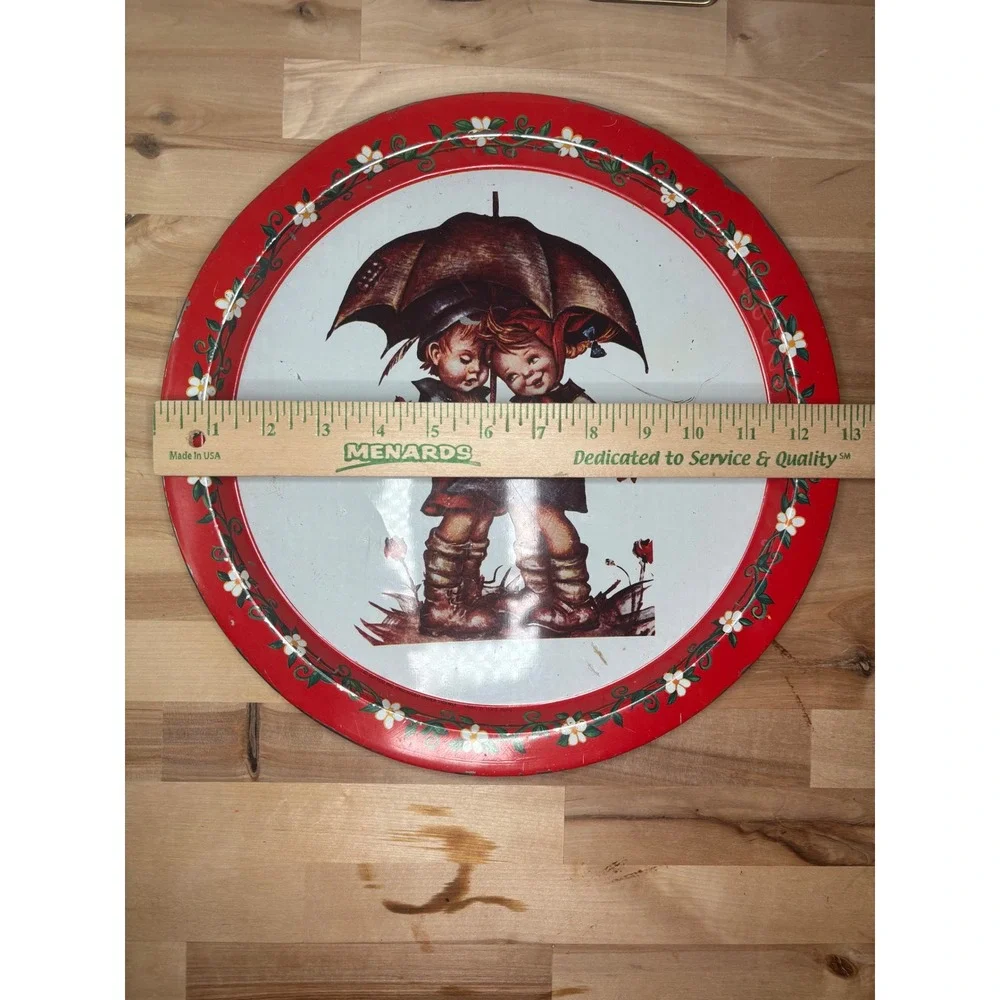 Vintage Giftco Hummel Style Metal Serving Tray Red Floral Boy Girl Umbrella 13in